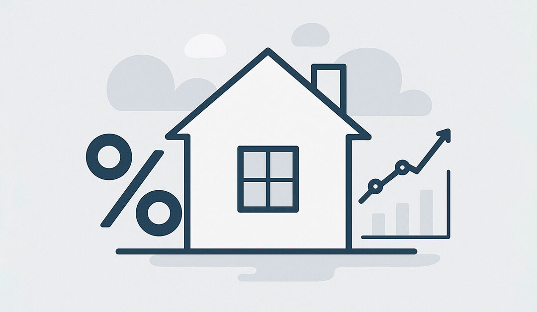 Illustration eines Hauses mit Prozentzeichen und steigender Zins- und Finanzierungs­grafik; symbolisiert Immobilienfinanzierung, Kreditzinsen und Kostenentwicklung für angehende Käufer. | Immobilienfinanzierung