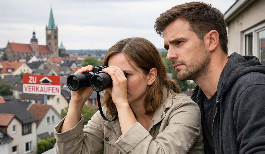 Paar steht auf einem Balkon und blickt mit einem Fernglas über die Stadt, während im Hintergrund ein „Zu verkaufen“-Schild zu sehen ist – symbolisch für die gezielte Immobiliensuche in einem umkämpften Markt. | Immobiliensuche