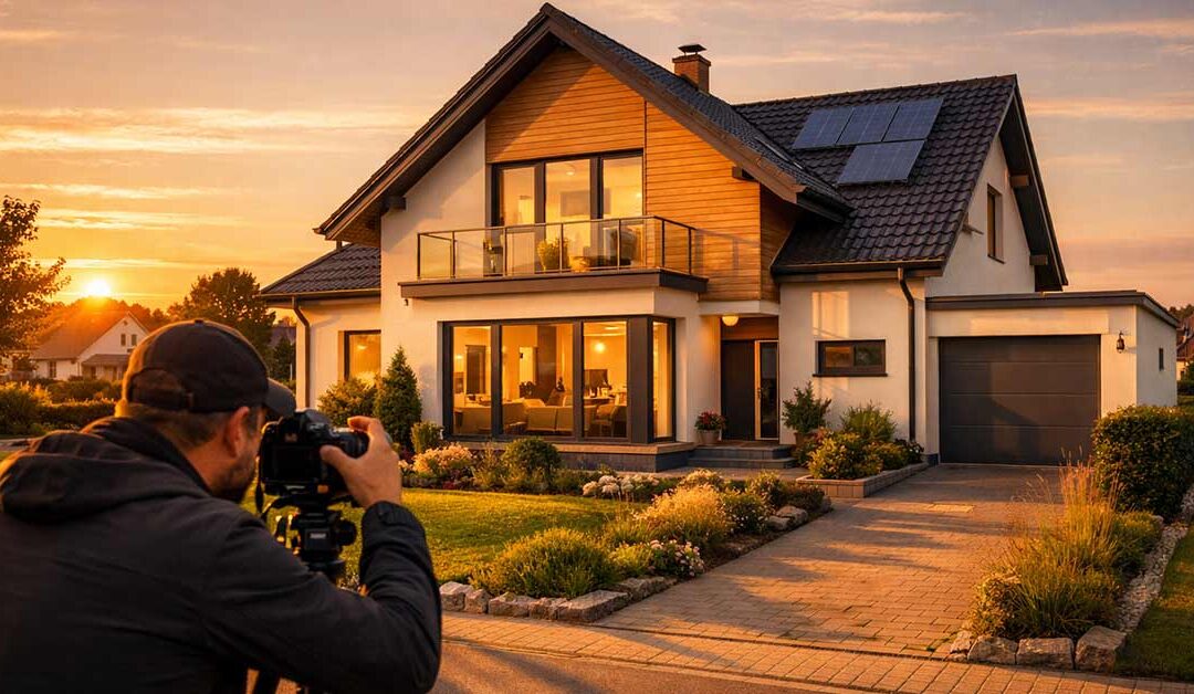Außenaufnahme eines attraktiven, modern-klassischen Einfamilienhauses bei warmem Sonnenuntergang, sanftes goldenes Licht, langer Schattenwurf, gepflegter Vorgarten, im Vordergrund ein professioneller Fotograf mit Kamera auf Stativ, der das Haus fotografiert, hochwertige Architektur, ruhige Wohngegend, stimmungsvolle Abendatmosphäre, realistisch, detailreich, leicht erhöhte Perspektive, harmonische Bildkomposition - als Symbolbild für Immobilienpräsentation beim Verkauf | Immobilienverkauf